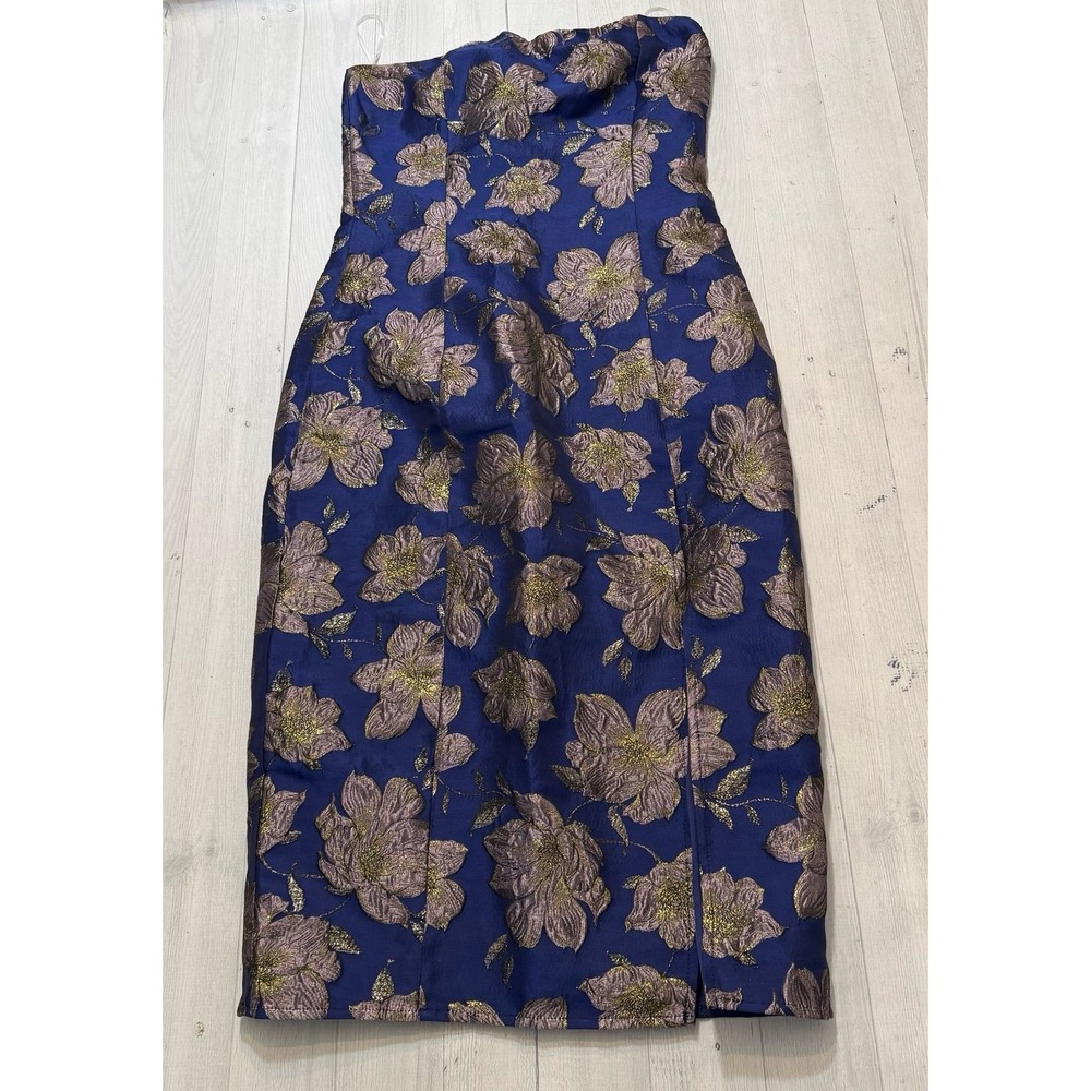 Lulu's Navy Blue Strapless Midi Dress with Metallic Floral Brocade - Picture 1 of 12
